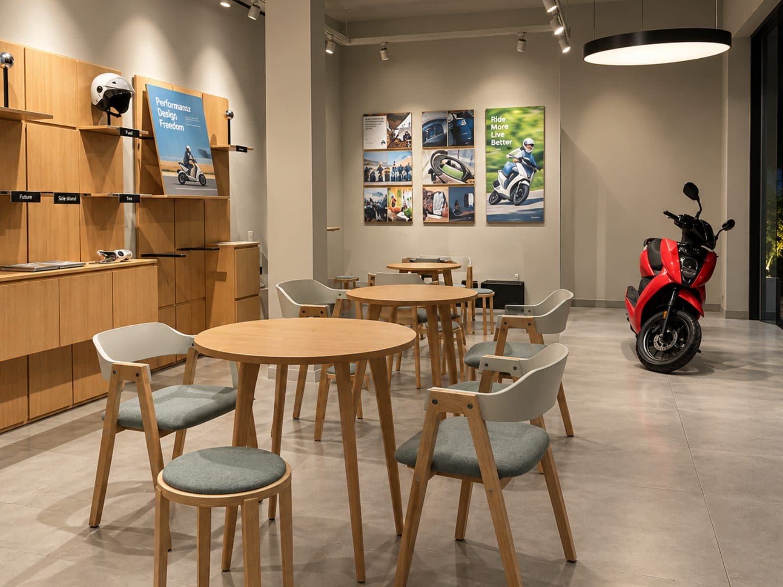 A two-wheeler experience centre with an oak display wall of riding accessories, round tables and upholstered chairs, and a red scooter against the far wall.