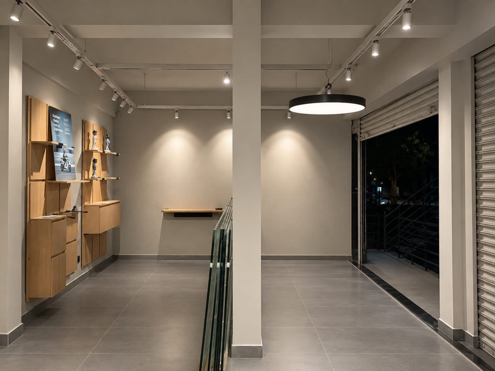 A two-wheeler showroom with an oak display wall, track lighting and a shutter opened to the street at night.